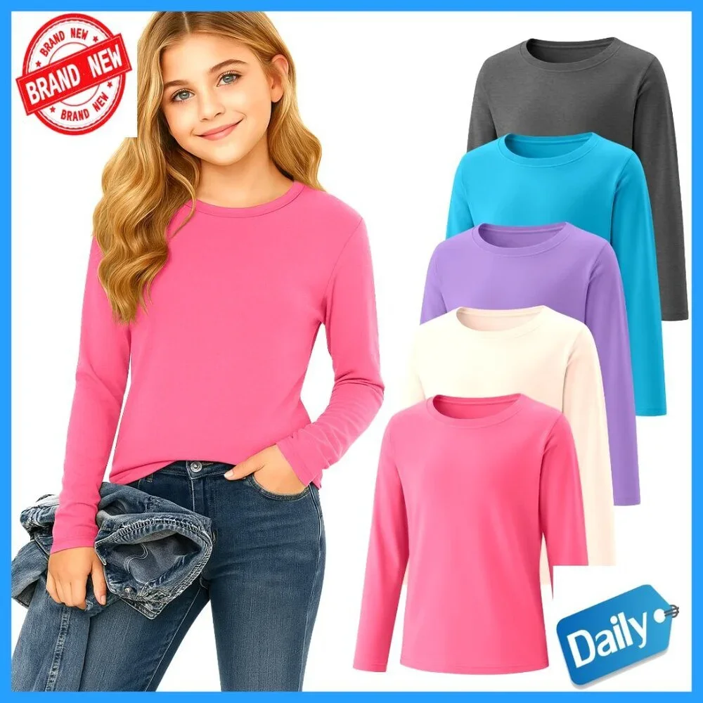 5 Pack Girls Long Sleeve Crewneck Tees Soft Athletic Layering Tops